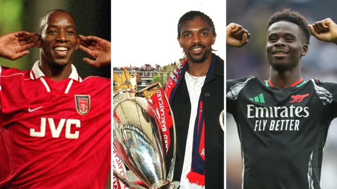 Ian Wright, Nwankwo Kanu et Bukayo Saka photographiés lors de leurs séjours respectifs avec Arsenal. Wright porte ses mains à ses oreilles, Kanu tient le trophée de la Premier League et Saka lève les poings.