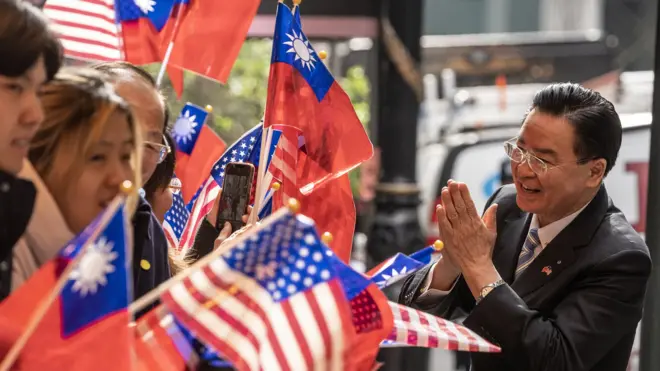 Wu Zhaoxie (Joseph Wu) Taiwan Minister of Foreign Affairs greets supporters of free Taiwan as they gather to greet President of Taiwan Tsai Ing-wen as she was about to leave Lotte New York Palace Hotel.