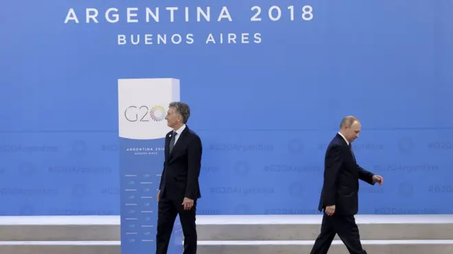 BUENOS AIRES, ARGENTINA - NOVEMBER 30: Russian President Vladimir Putin leaves after greeting President of Argentina Mauricio Macri during the opening day of Argentina G20 Leaders" Summit 2018 at Costa Salguero on November 30, 2018 in Buenos Aires, Argentina. (Photo by Daniel Jayo/Getty Images)