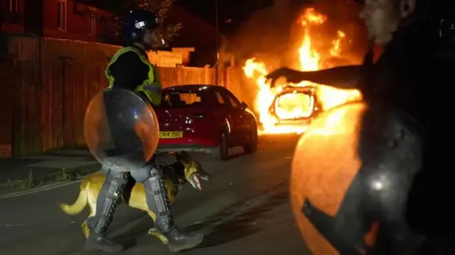 Policial com cachorro passa em frente a carro pegando fogo em protesto