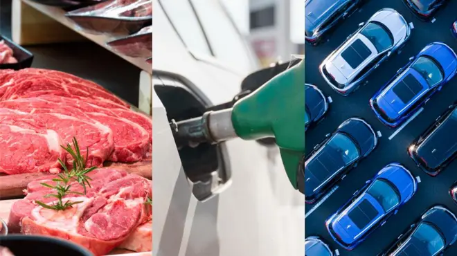 Montagem com fotos de carne bovina, carro sendo abastecido com combustível e carros novos em pátio de vendas