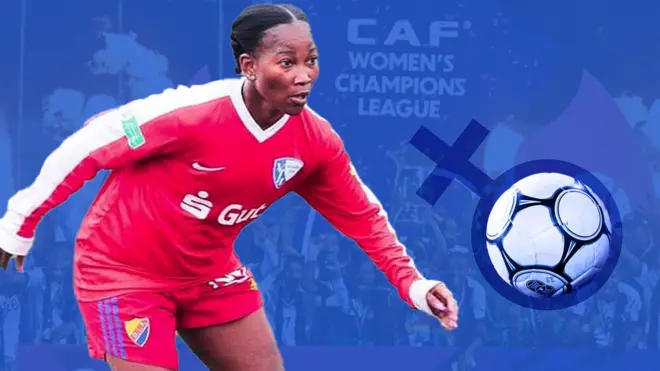 A collage depicting footballer Esse Akida wearing a red strip, with a football in the middle of a female gender symbol and a side lifting a trophy in the background