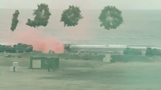 Taiwan military drills on the beach