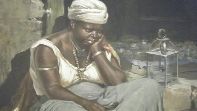 Pintura 'Negra Quitandeira', de Antonio Ferrigno; indumentária malê teria dado origem ao turbante branco usado no candomblé e na umbanda