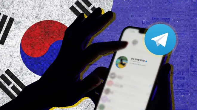 Ilustração de uma mão usando o aplicativo Telegram em um celular, com a bandeira coreana ao fundo