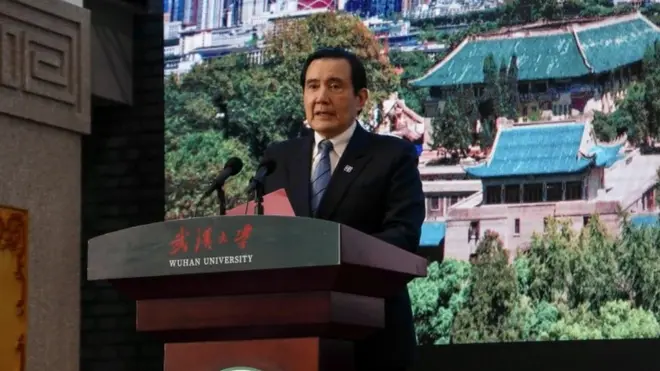 A handout photo made available by Ma Yung-jeou"s office shows Taiwan former president Ma Ying-jeou giving a speech at the university during his visit in Wuhan, China, 30 March 2023