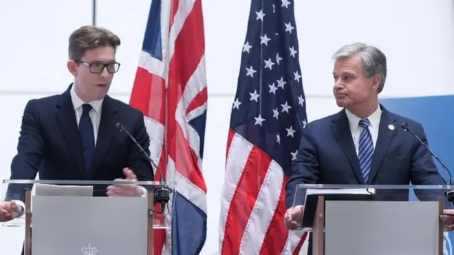 MI5 head Ken McCallum (left) and FBI director Christopher Wray (right) made an unprecedented joint appearance in London