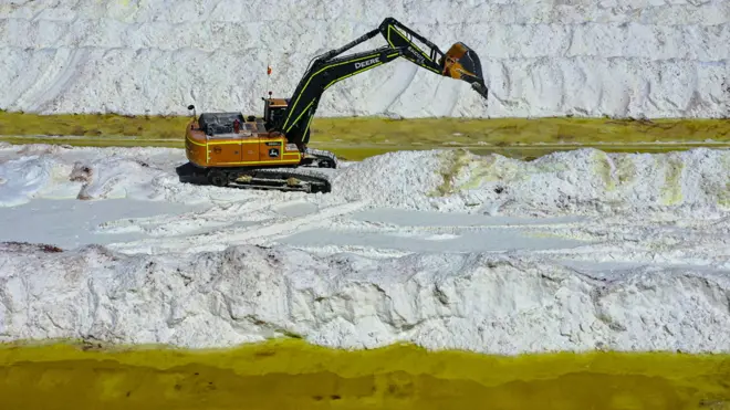 Aerial view of SQM (Sociedad Quimica Minera) lithium extraction process in the Atacama Desert, Chile, on September 12, 2022.