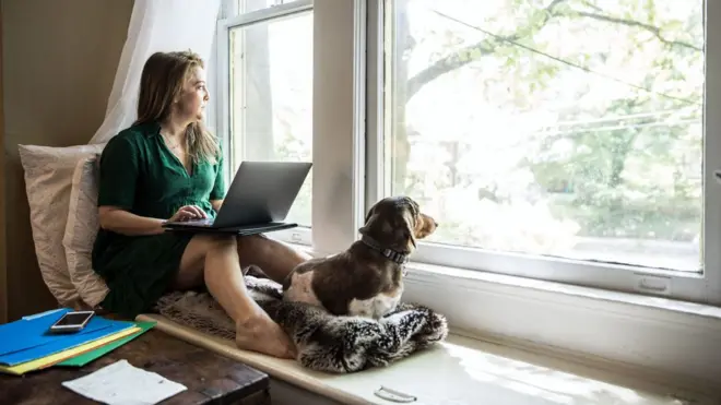 Mulher trabalhando de casa com cachorro