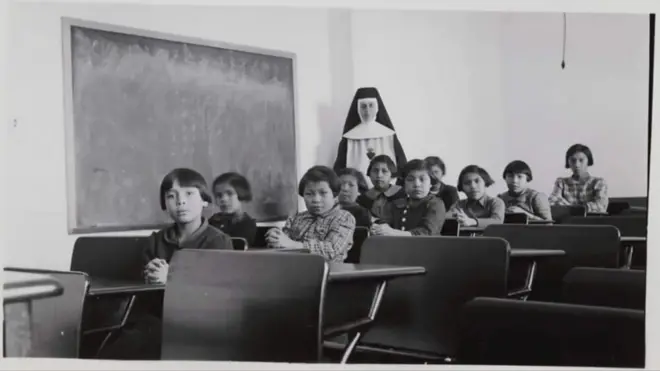 Alunos indígenas em sala de aula de internato no Canadá, com freira ao fundo