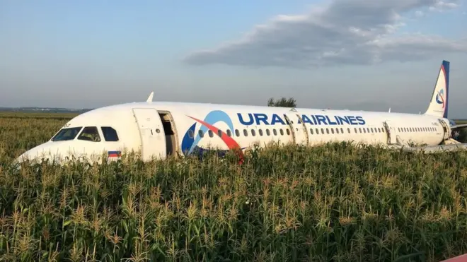 The Ural Airlines Airbus 321 passenger plane is seen following an emergency landing in a field near Zhukovsky International Airport in Moscow Region, Russia