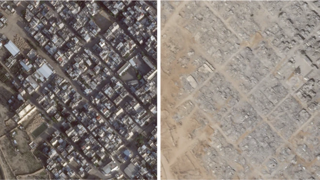 Imagens de satélite de 23 de novembro de 2023 e 22 de agosto de 2024 mostram o bairro Brasil, no sul da cidade palestina de Rafah, em Gaza, antes e depois da destruição pelas Forças de Defesa de Israel
