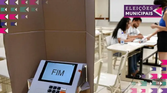 Mesários conferem documentos de mulher durante votação. Em primeiro plano, há uma urna eletrônica escrito "FIM"