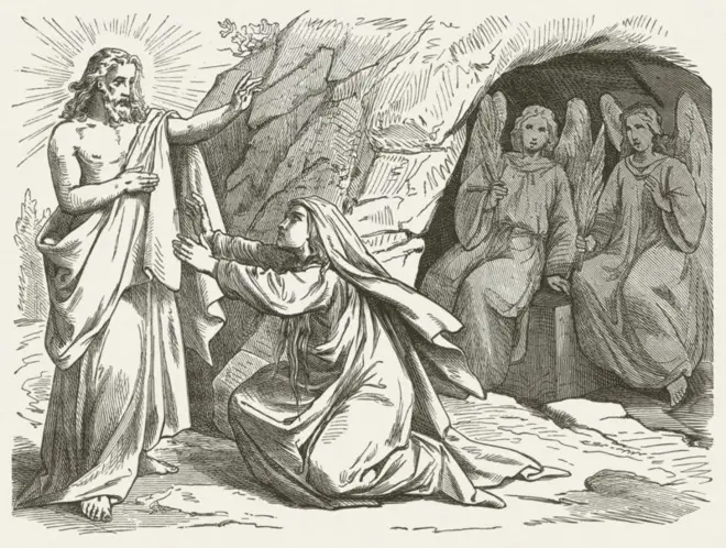 1877 gravure d'après un dessin de l'Allemand Julius Schnorr von Carolsfeld représentant Marie-Madeleine témoin de la résurrection de Jésus-Christ