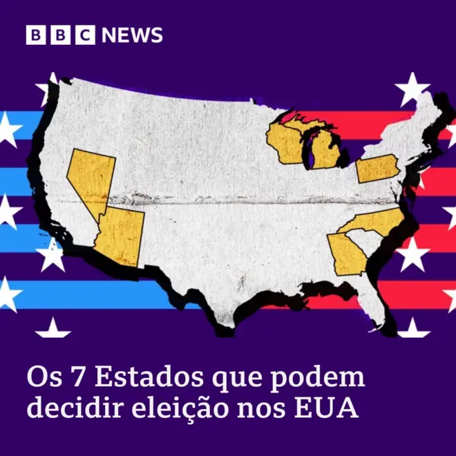 Arte mostrando o mapa dos Estados Unidos destacando os sete Estados que poderão decidir a eleição presidencial americana em 2024