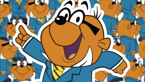 Penfold in a blue suit with a happy face, pointing upwards. There are many smaller penfolds in the background.