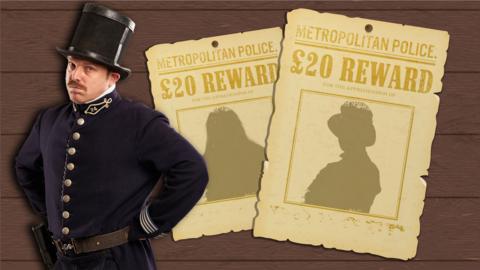 An older gentleman in Victorian police clothes and a large top hat, PC Duff from Dodger, has both hands on his hips and is looking sternly to camera. Beside him are two pieces of tatty paper pinned up, they are wanted posters with a silhouette of a figure on each and the wording: "Metropolitan Police, \u00A320 reward for the apprehension of". Behind all this is a large wall made of dark brown wooden panels.