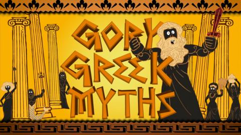 Illustrations of greek gods, including Zeus, a bearded man in a cloak holding a sword in the air. They are positioned around the words, gory greek myths.