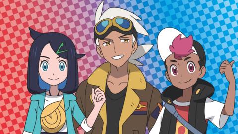 Three pokemon trainers are standing in front of a background