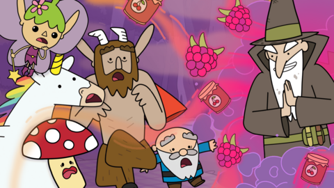 The heros are shocked and Wizard Stinkweasel is pulling raspberries to him using magic and fog