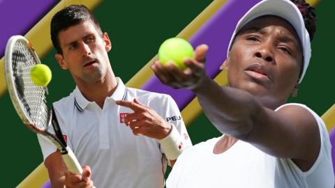 Djokovic and Venus Williams serving at Wimbledon