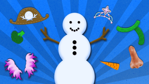 A snowman is surrounded by different hats, scarfs and vegetables