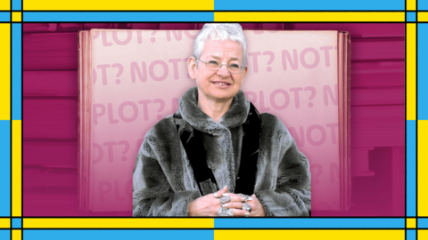 An old women wearing a fur coat and silver rings is standing in front of a book called "Plot or not?"