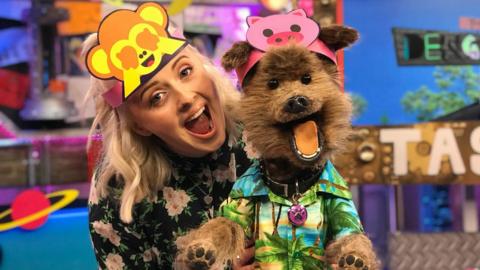 CBBC HQ Live Now Image with Katie and Hacker in CBBC HQ