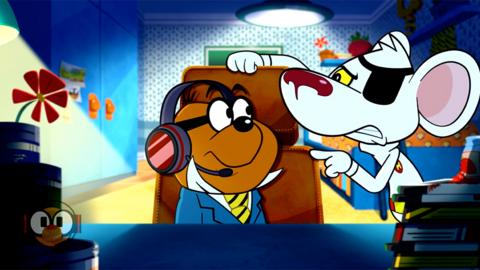 Danger Mouse and Penfold talking to each other. Danger Mouse is a white cartoon mouse and Penfold is a brown cartoon hamster who wears a blue suit.