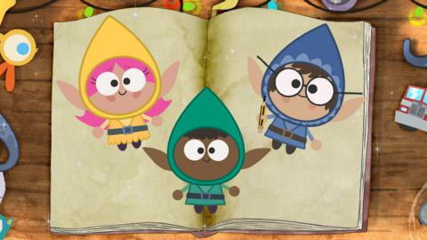 Three cartoon elves on a storybook background.