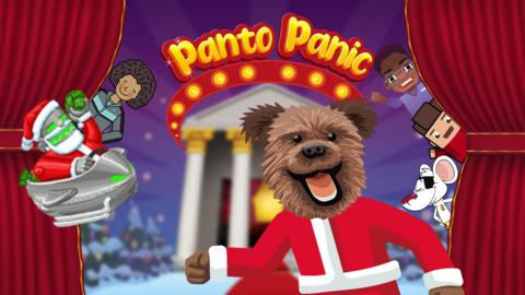 Hacker and various other CBBC characters peek out behind a curtain in the Christmas Panto Panic game.