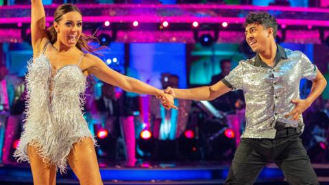 A woman and man dancing on Strictly Come Dancing, Karim and Amy on Strictly.