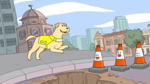 illustration showing a dog in a city landscape, jumping over a hole in the road where cones are.