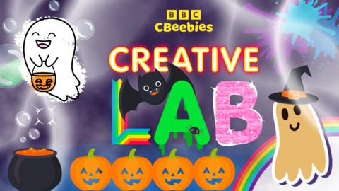 Text reading cbeebies creative lab on a dark blue background that is covered in smoke. There are four orange pumpkins, a bat, a ghost wearing a witches hat and a ghost that has been painted in white. There is a cauldron with bubbles coming from it.