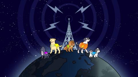 The Dog Squad cast as a cartoon, they are stood ontop of the world.