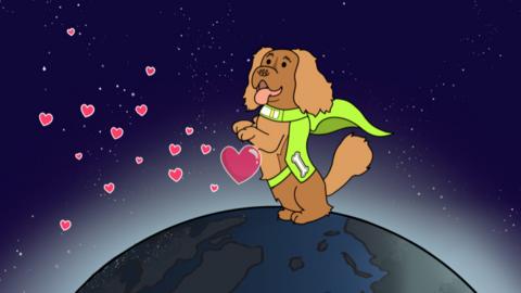 Toffee, a small brown dog from The Dog Squad is bursting with love as cartoon hearts spread out.