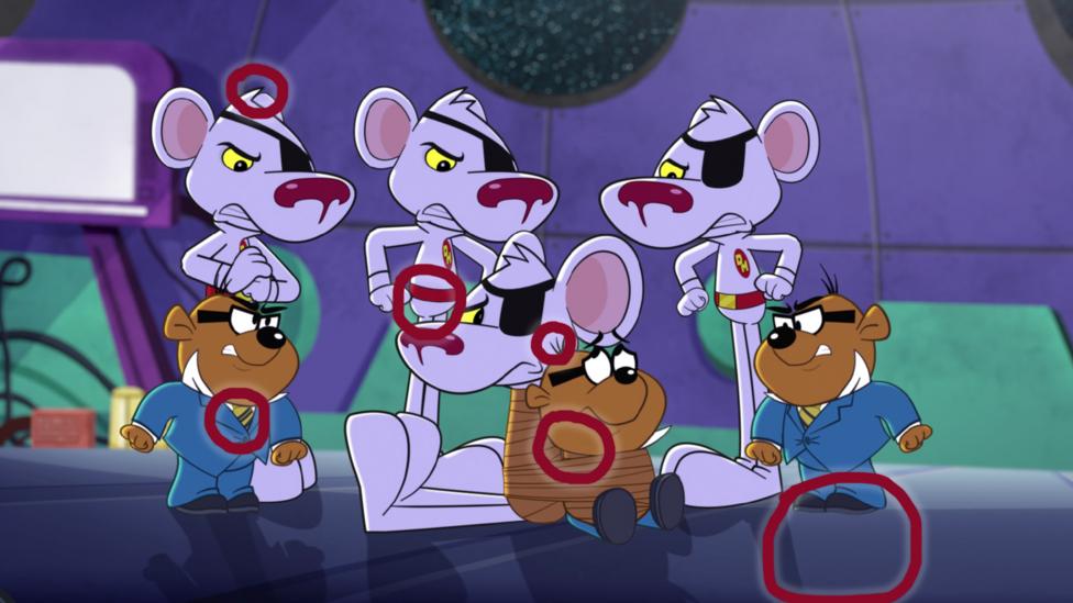 Three Danger Mouse's and two Penfold's look angry at each other while the original Danger Mouse and Penfold are tied up in between everyone.