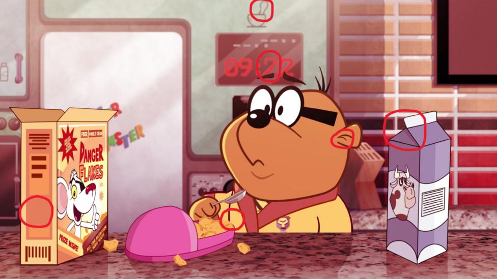 A hamster eating cereal out of a pink slipper looking confused (Penfold).