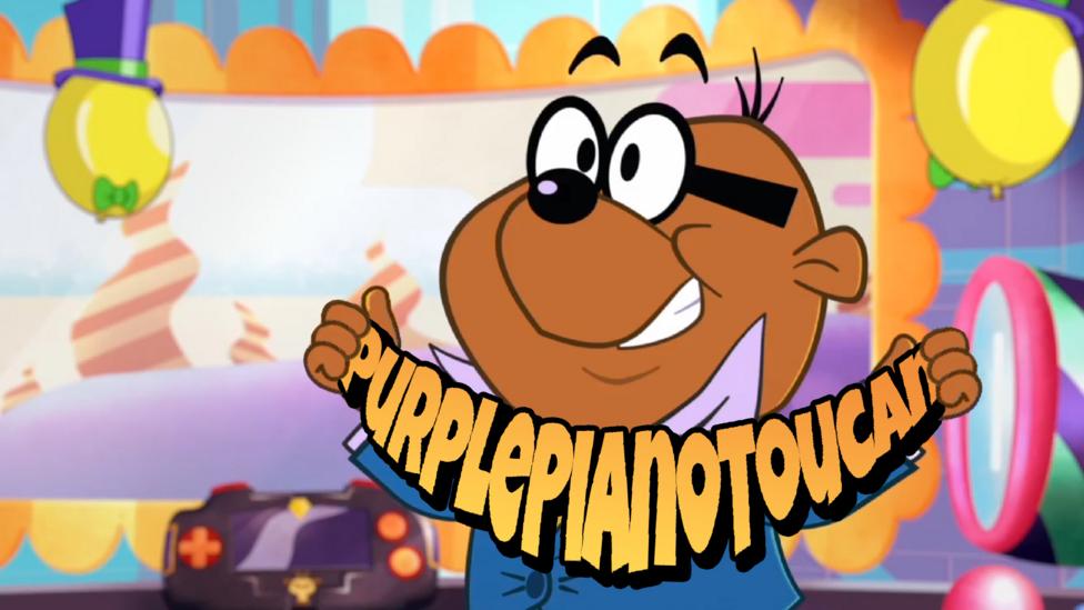 Penfold holding a CBBC username; Purple Piano Toucan.