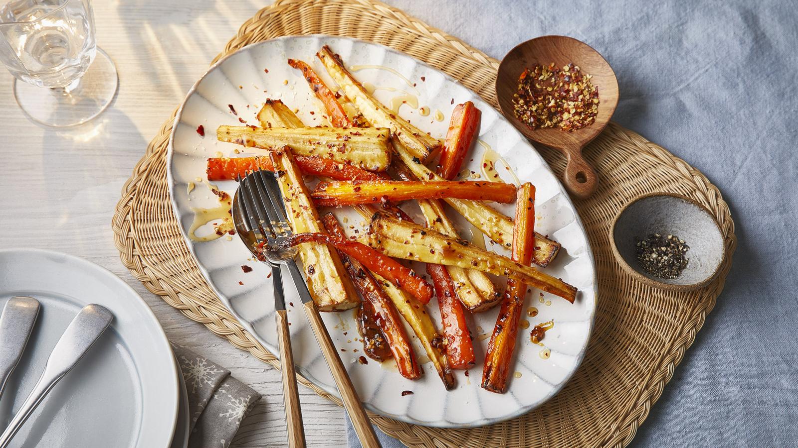 Air fryer parsnips and carrots with chilli honey