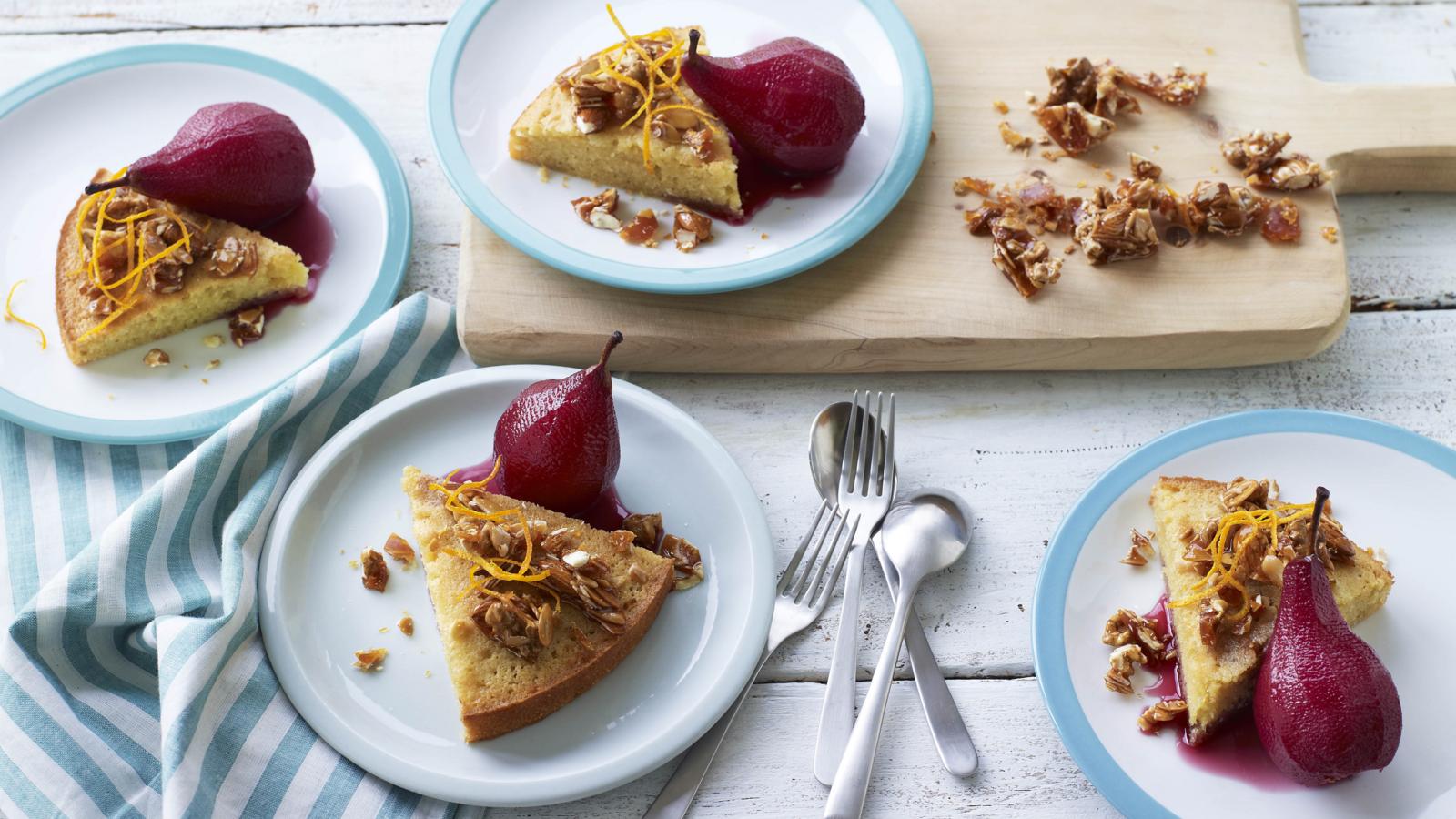 Almond cake with pears poached in red wine 