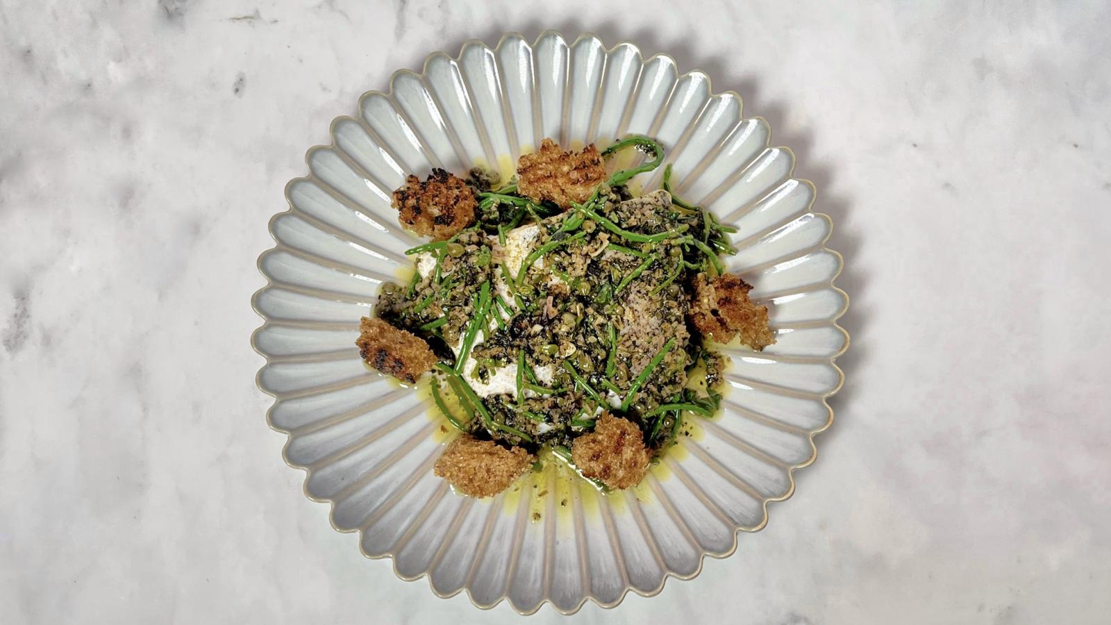 Baked hake with brown butter and samphire dressing