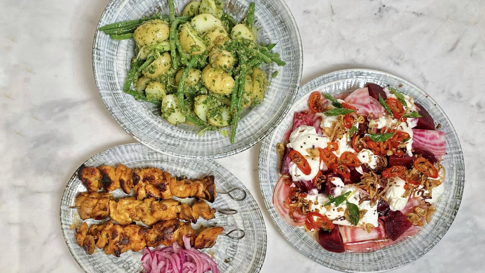 Burnt lime and honey chicken kebabs, potato salad and beetroot