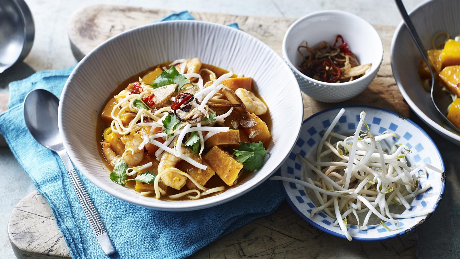 Butternut squash and prawn curry with noodles