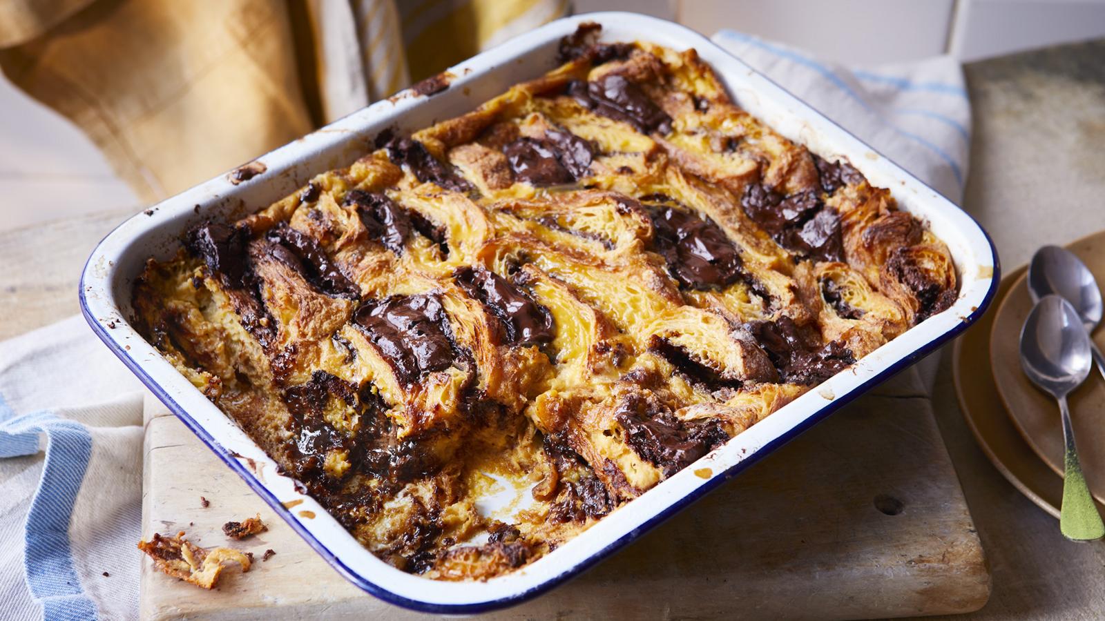 Chocolate croissant bread and butter pudding