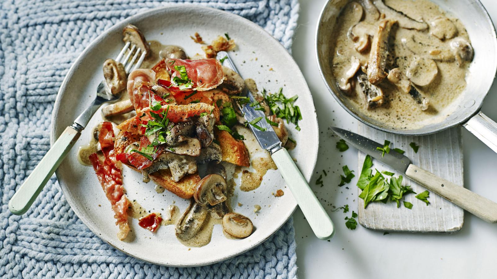 Garlic mushrooms and cured ham on toasted brioche