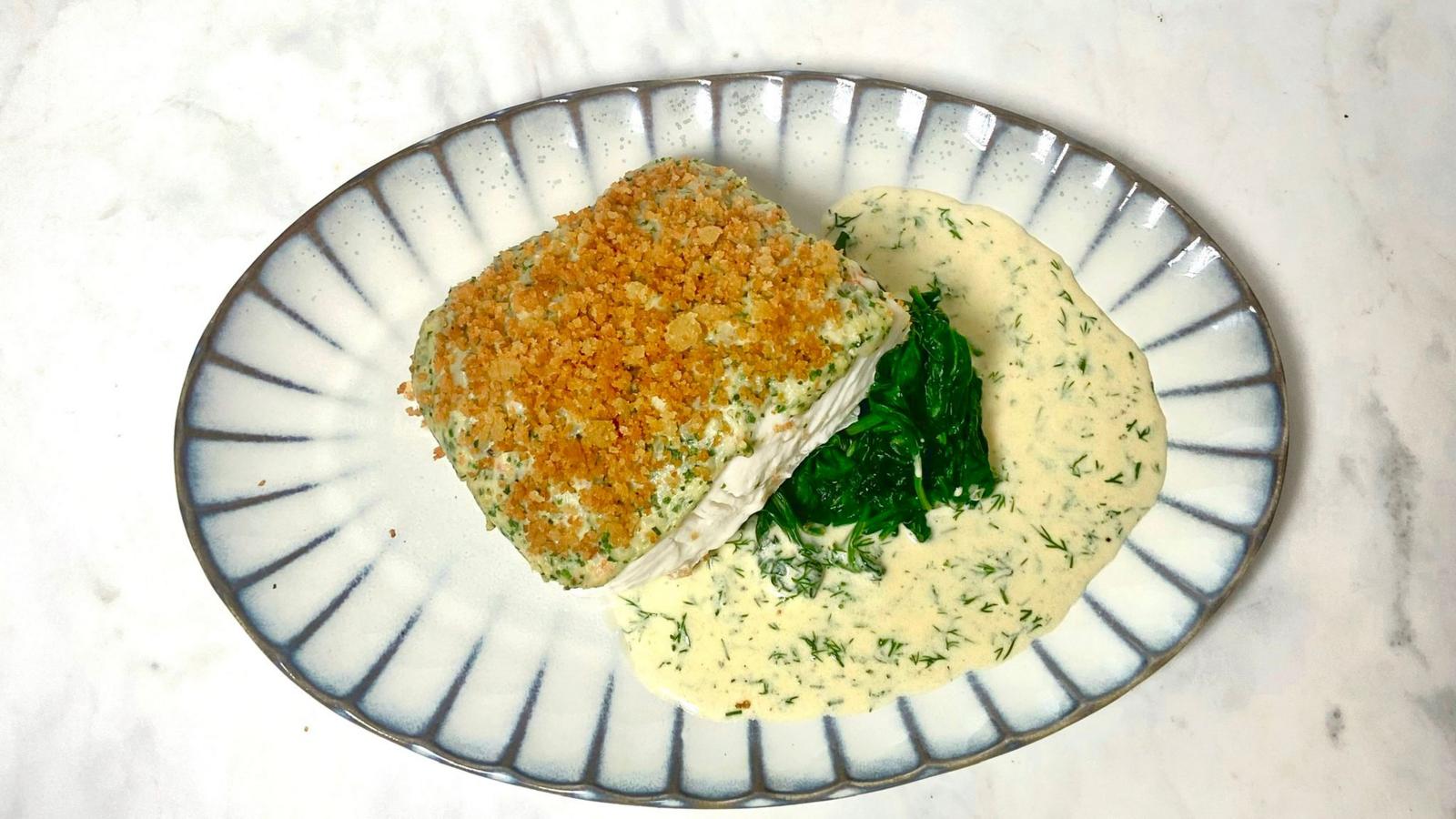 Roasted halibut with a prawn crust and dill sauce