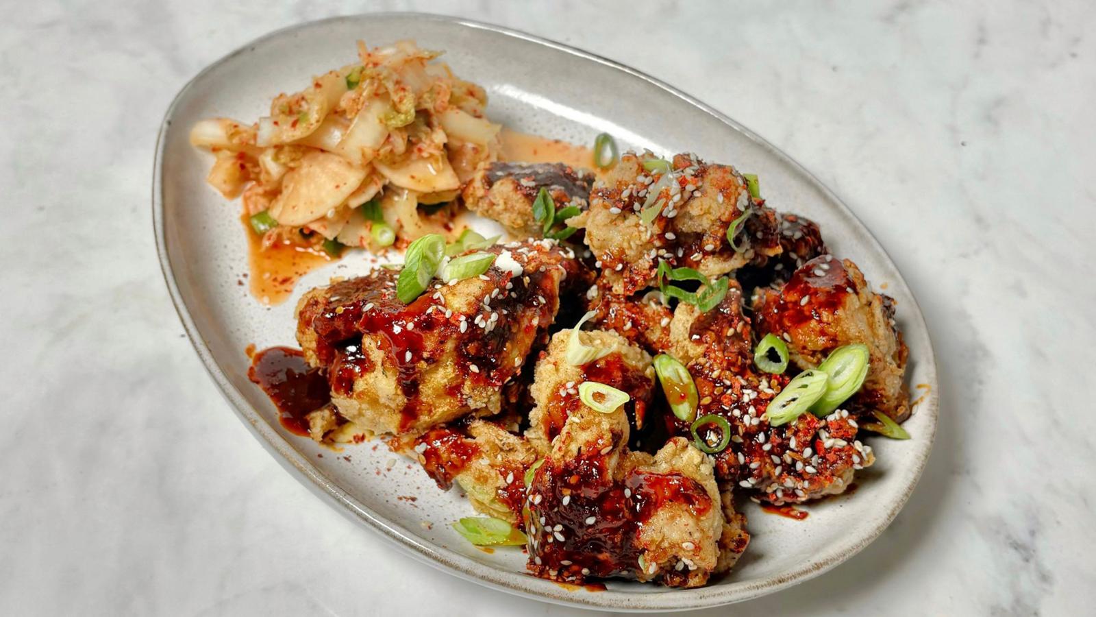 Korean fried turkey and cauliflower with kimchi