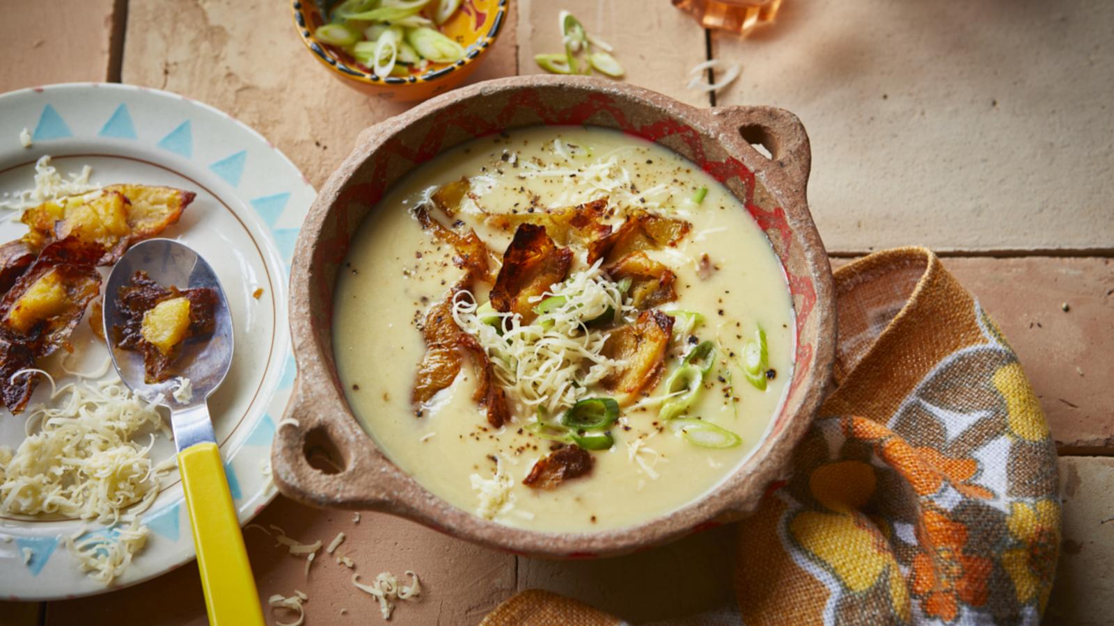 Baked potato soup with crispy potato skin topping