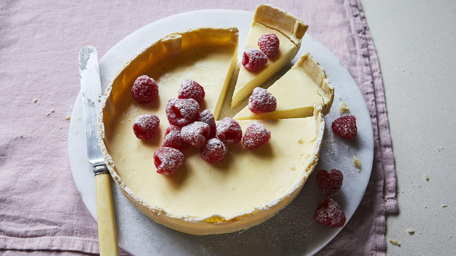 Lemon posset tart with raspberries